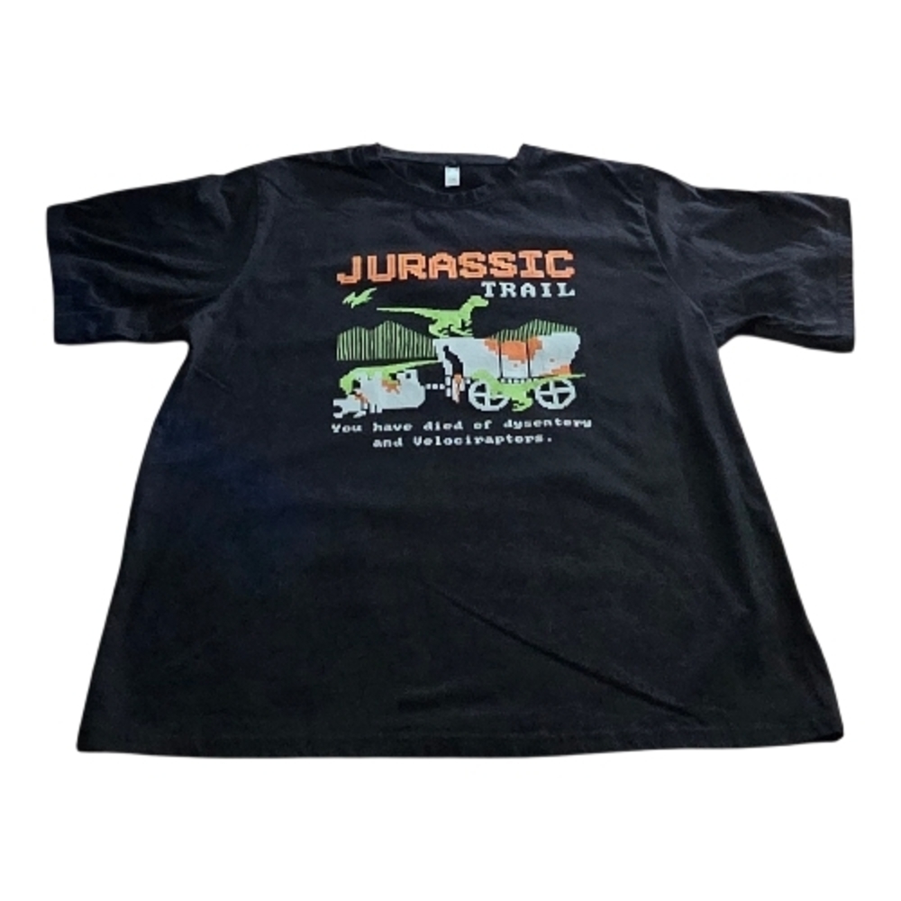 🦖🎮 Jurassic Trail Funny Graphic Tee XL Black Dinosaur Gamer Humor Shirt Retro